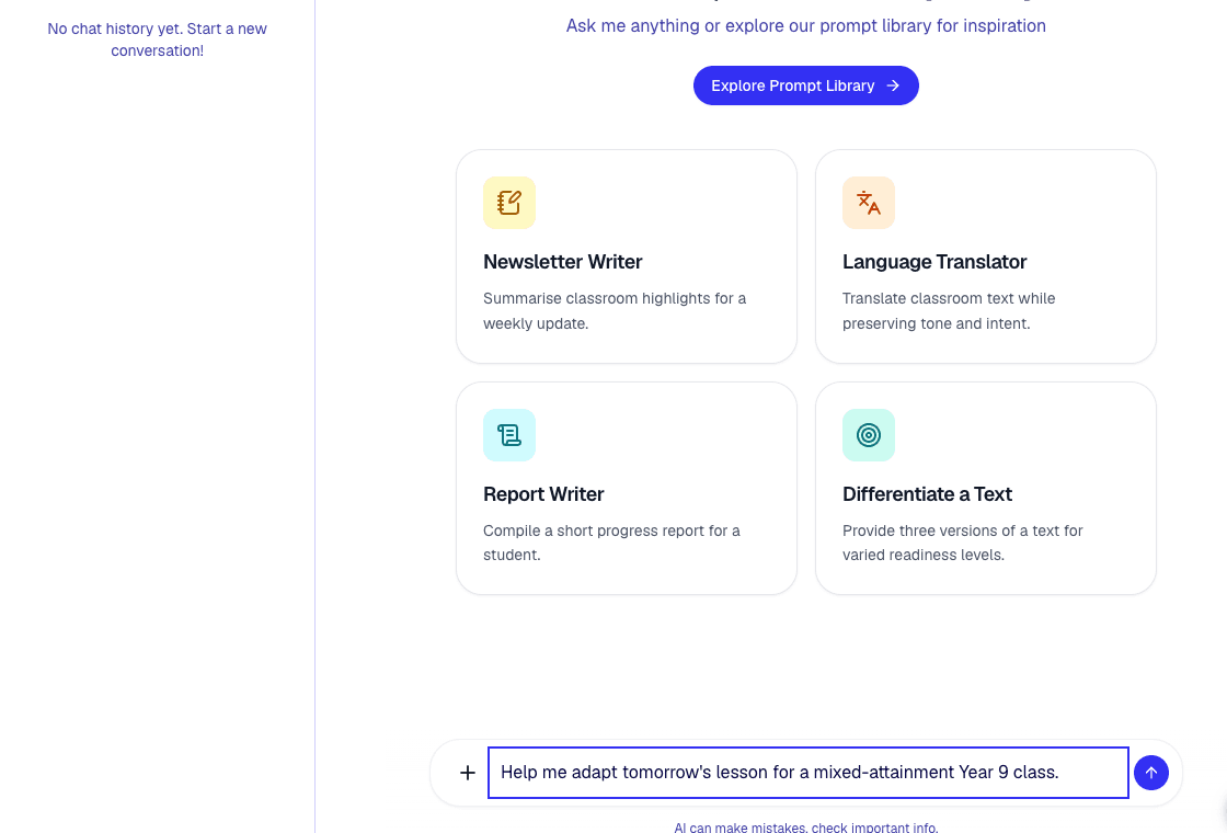 AI Chat with a teacher request typed into the message box.