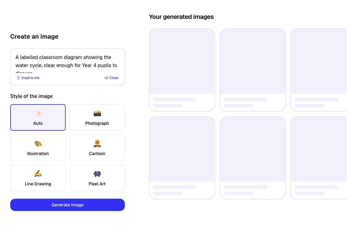 The Kuraplan image generator with a sample classroom diagram prompt and style choices.