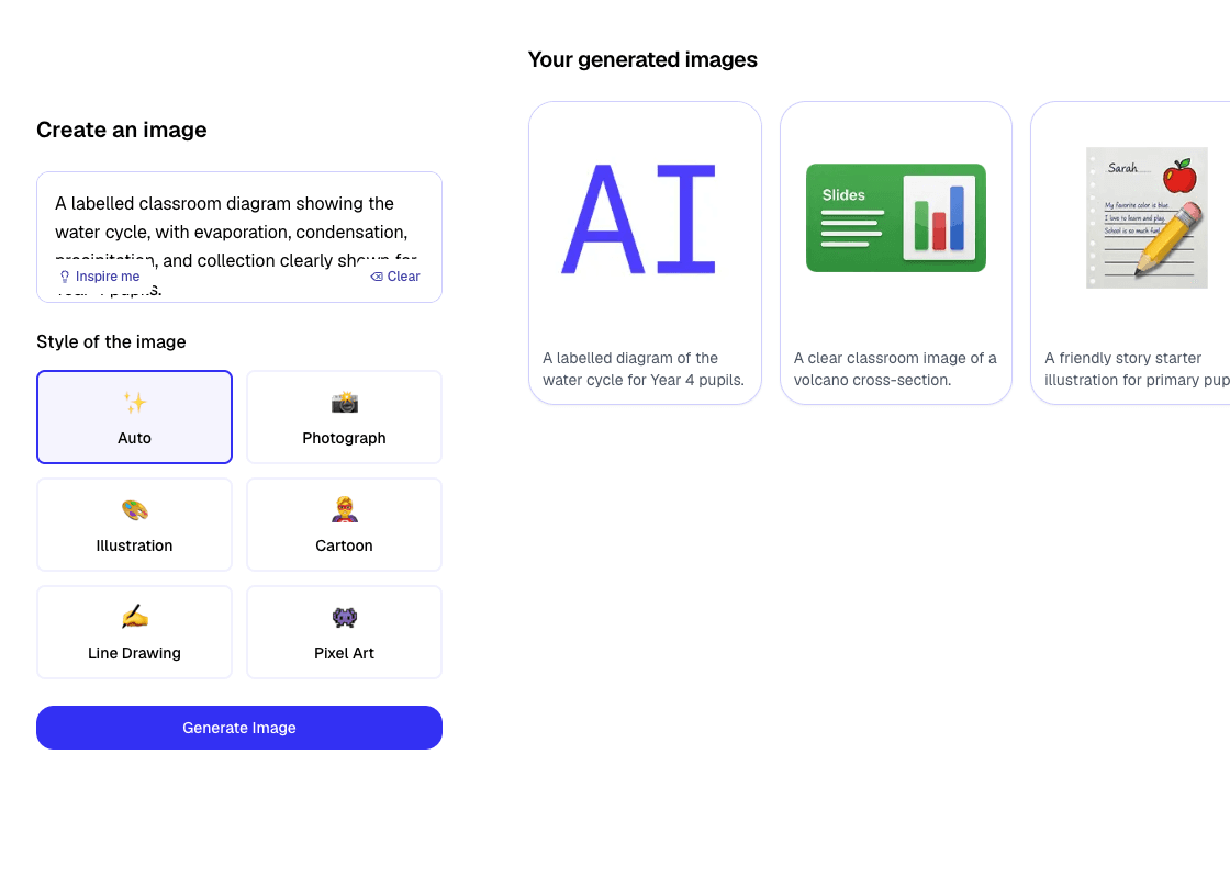 The image generator prompt box with a detailed classroom image request.