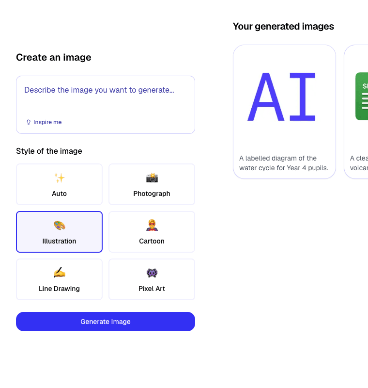 The image generator style selector showing different visual styles.