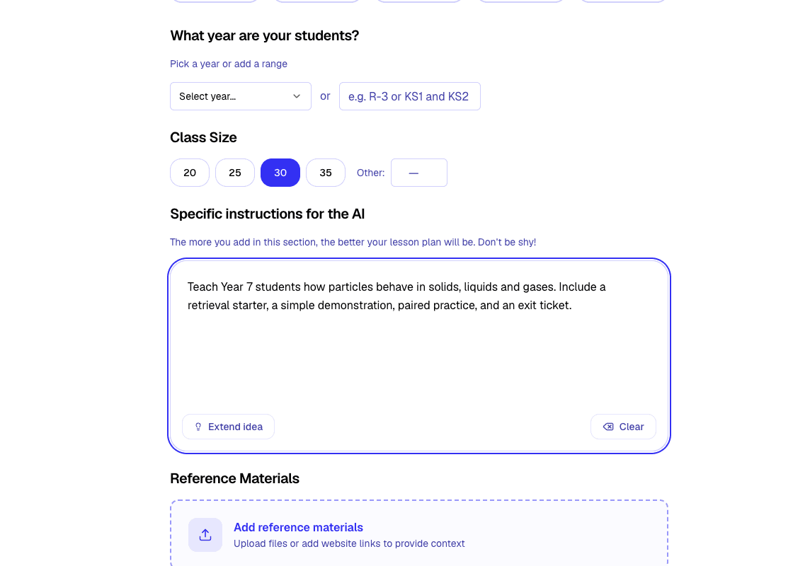 The lesson plan generator showing the instructions box and reference materials area.