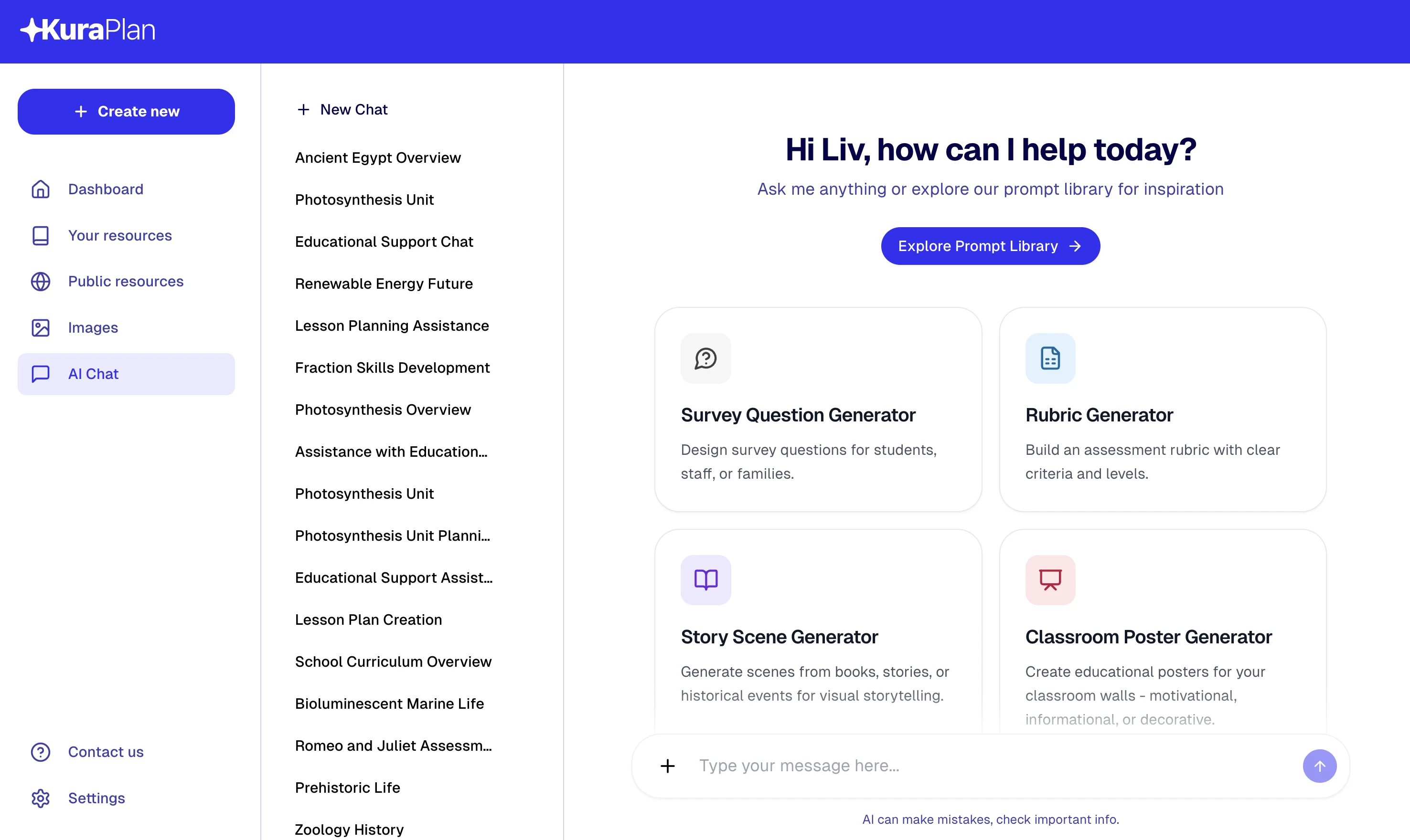 Press kit screenshot of Kuraplan AI Chat with prompt tool cards and recent conversations.