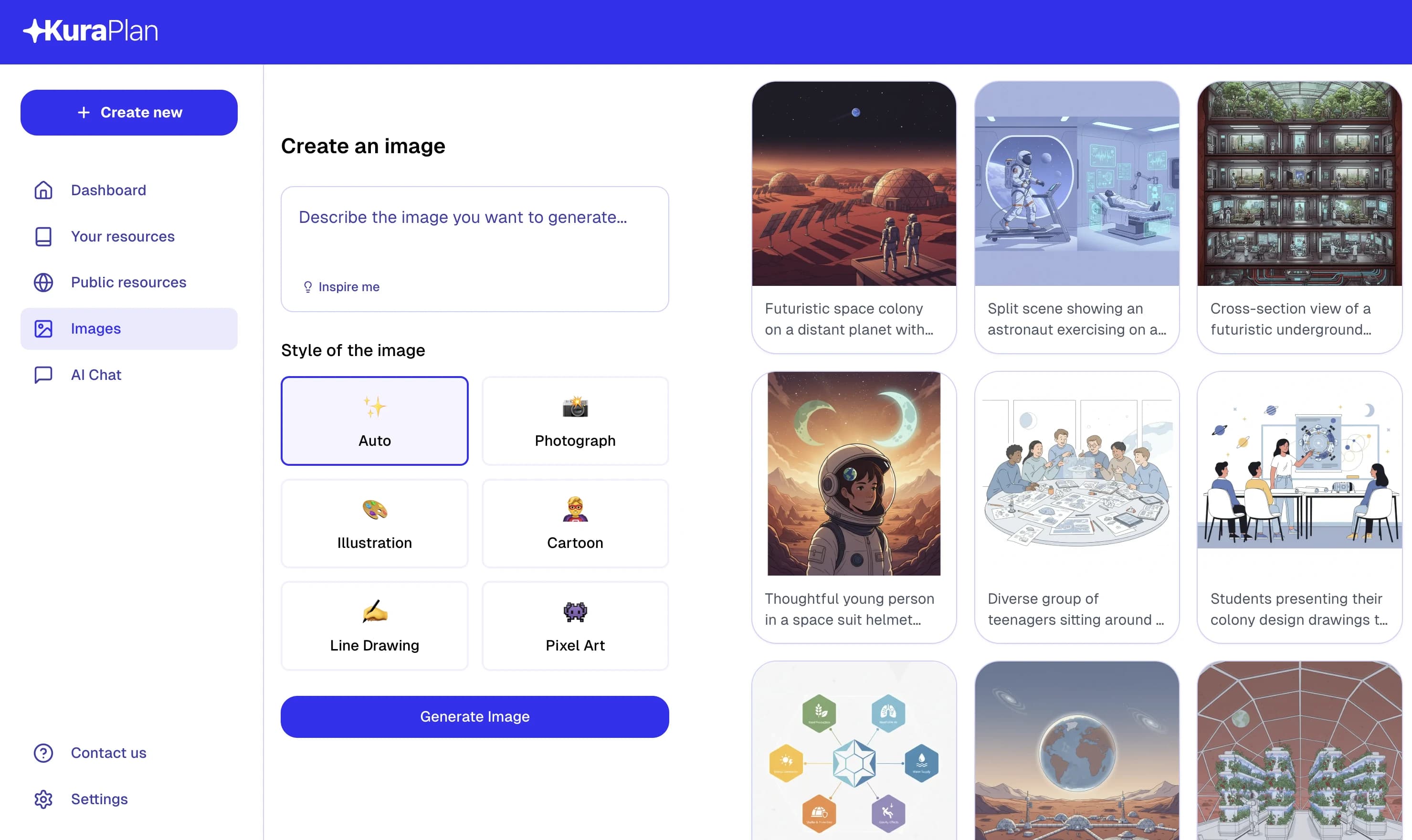 Press kit screenshot of the Kuraplan image generator with style controls and a gallery of generated images.