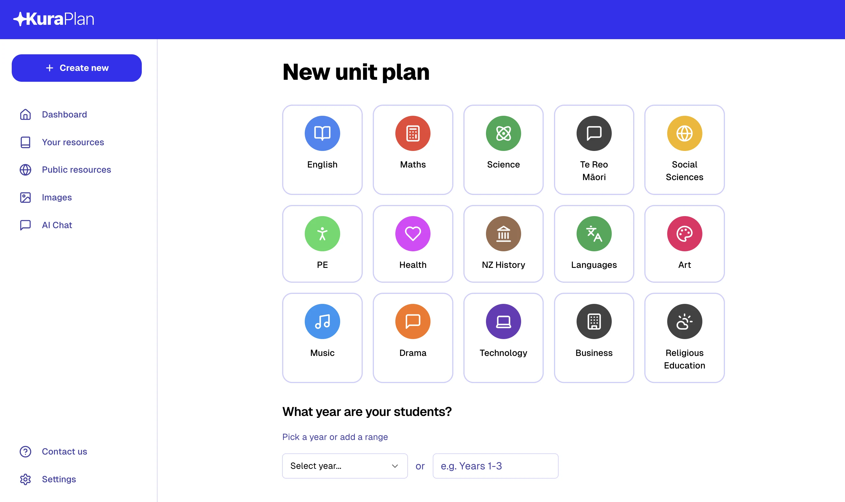 Press kit screenshot of the Kuraplan unit plan creator showing subject choices.