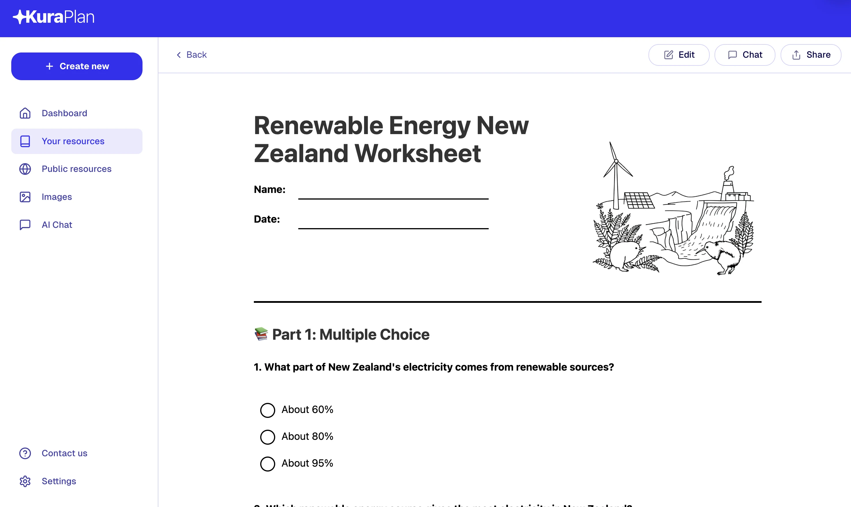 Press kit screenshot of a Kuraplan worksheet about renewable energy.