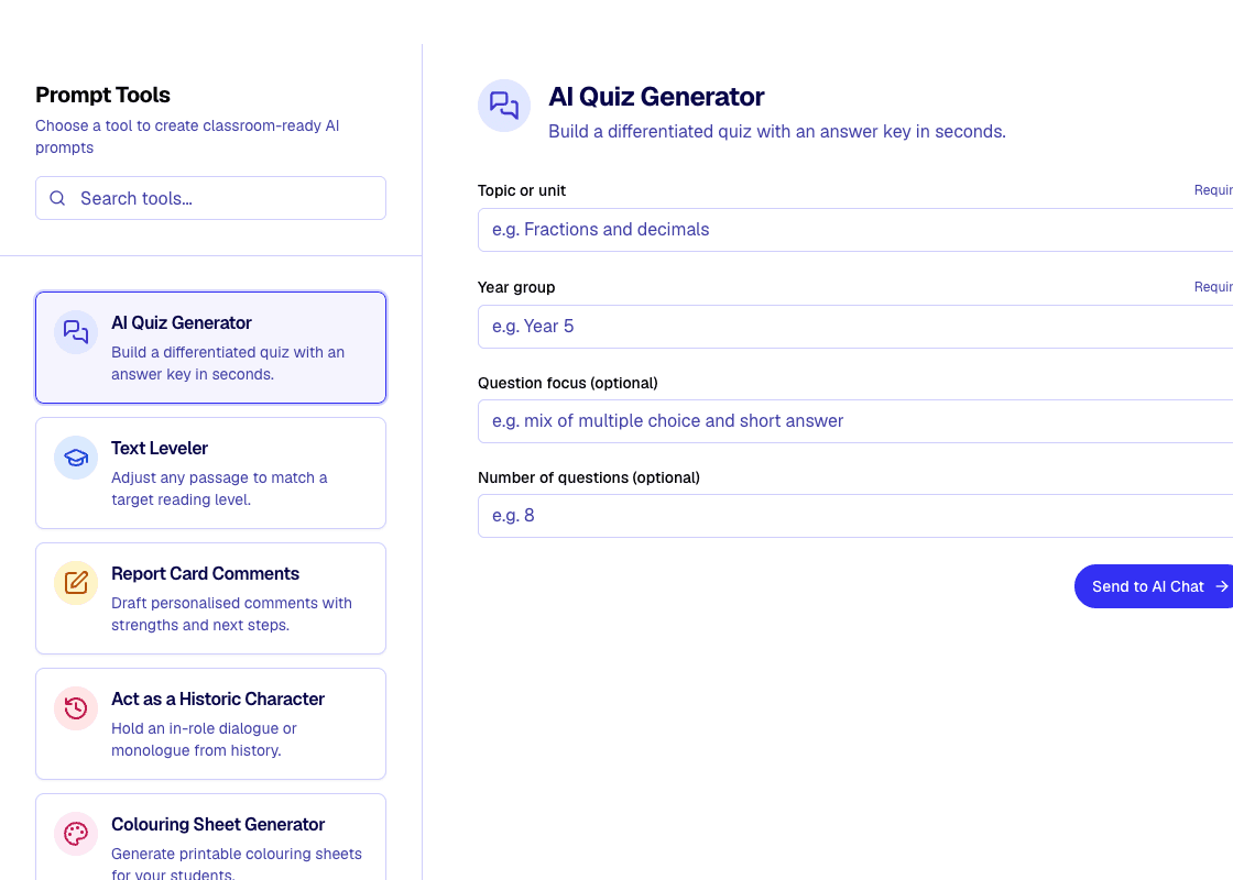 A prompt tool form with fields for building an AI quiz.