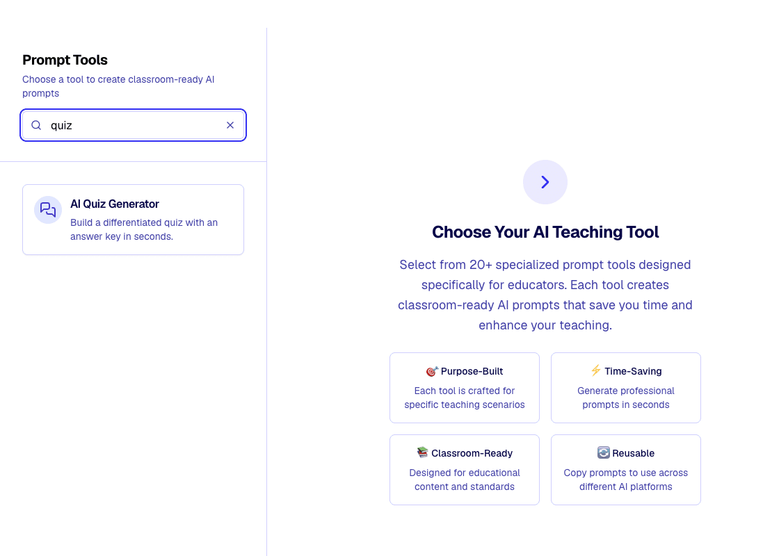 The Kuraplan prompt tools library filtered to show an AI quiz generator.