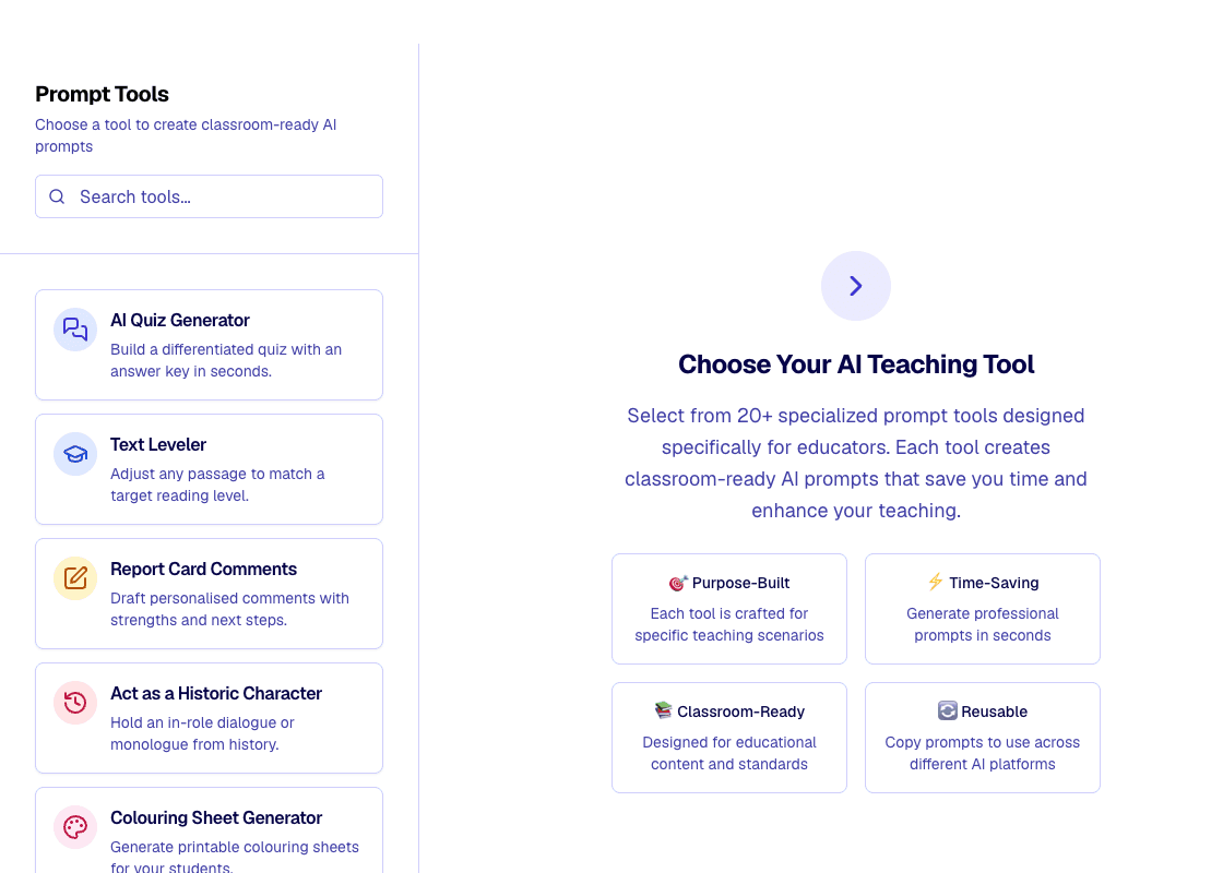 The prompt tools library showing a grid of teacher tools.