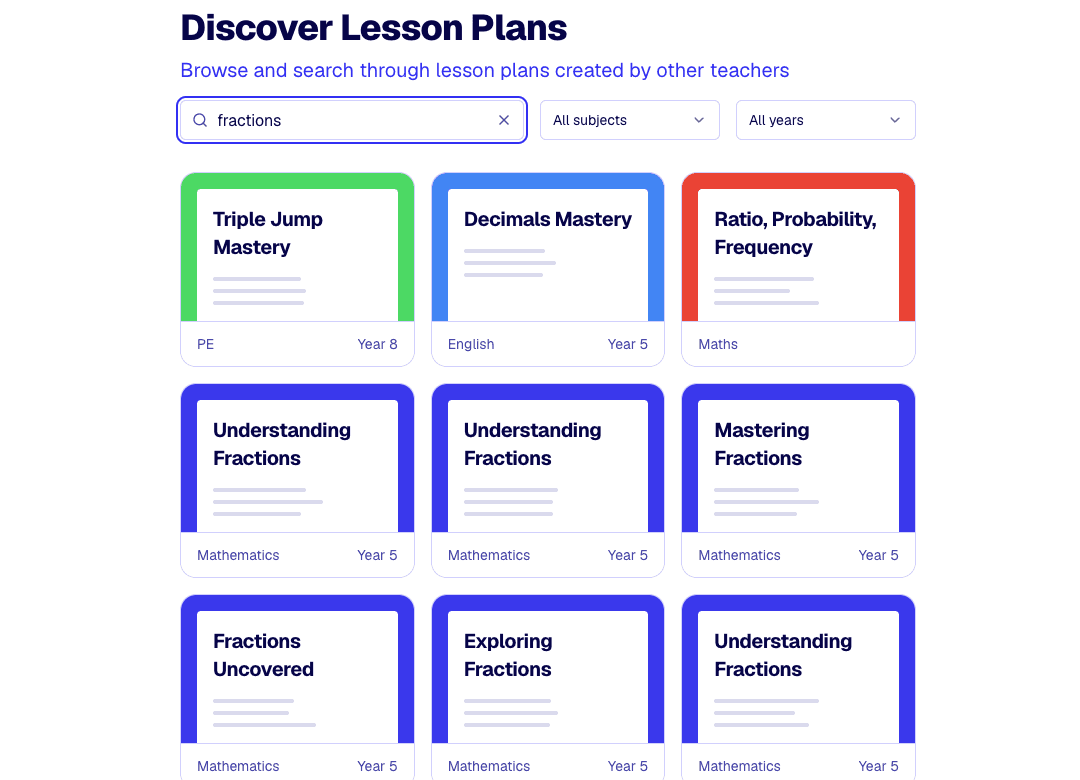 The Kuraplan public lesson plan library showing search results for fractions.