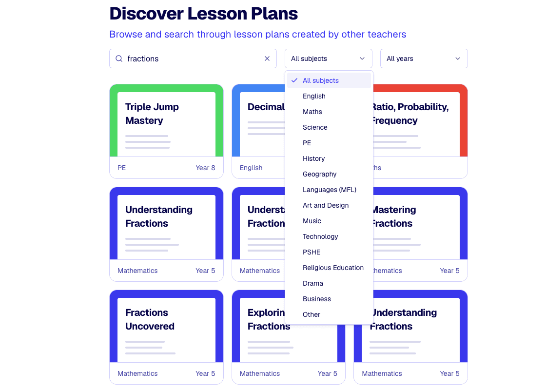 The public lesson plan library with subject filters open.