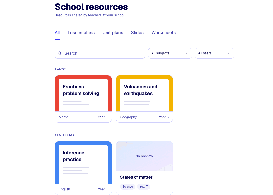 The Kuraplan school resources page with shared lesson plans, worksheets, units, and slides.
