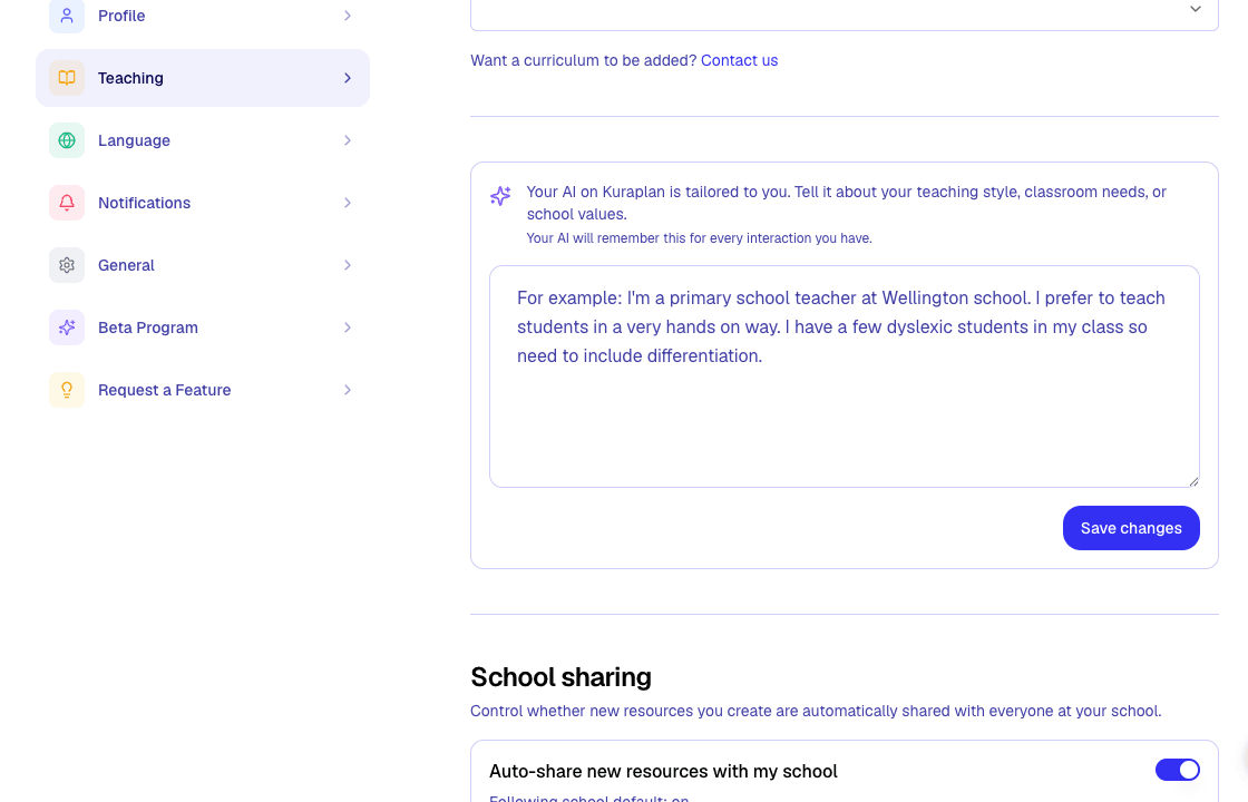 Teaching settings showing school sharing controls.