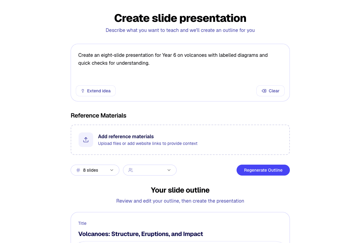 The slideshow outline review screen with an editable slide outline.