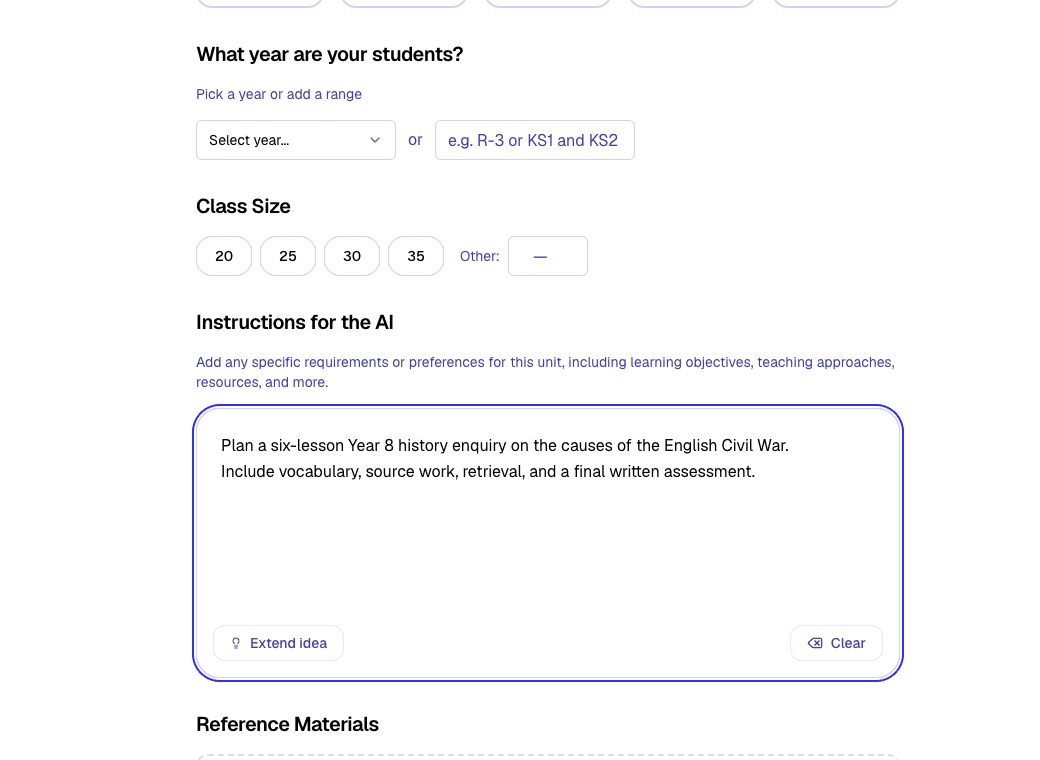 The Kuraplan unit plan generator with a sample history unit prompt entered.