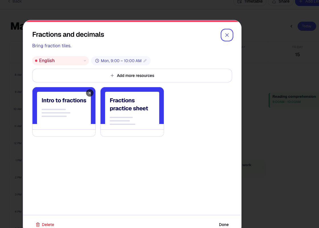 The weekly planner edit lesson window with linked resources visible.