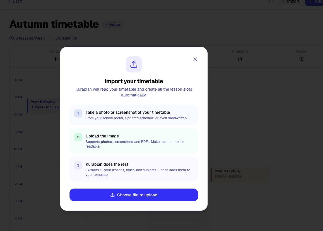 The timetable import screen for uploading an image or PDF.