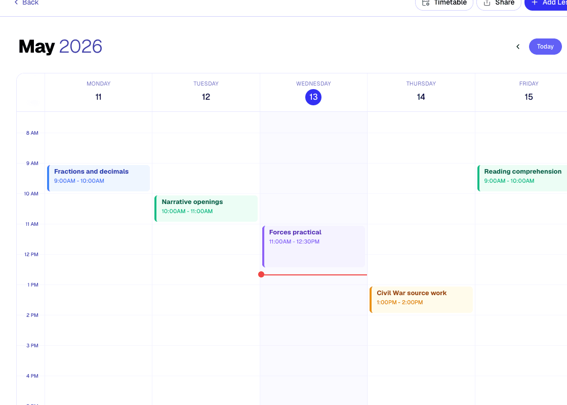 The weekly planner showing a full teaching week with lesson blocks.