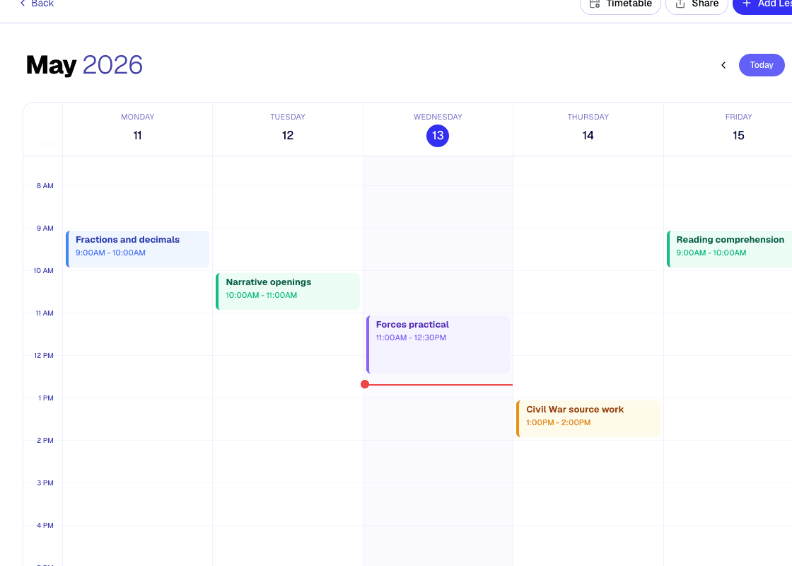 The weekly planner share and print controls.