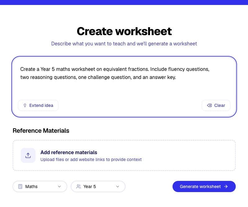 The Kuraplan worksheet generator with a sample worksheet prompt and subject controls.