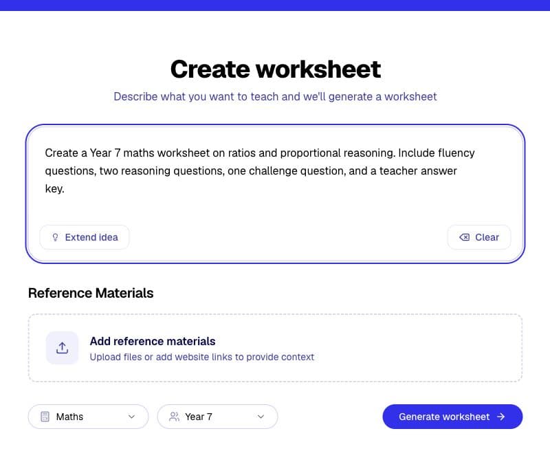 The Kuraplan worksheet generator showing a detailed Year 7 maths worksheet prompt.