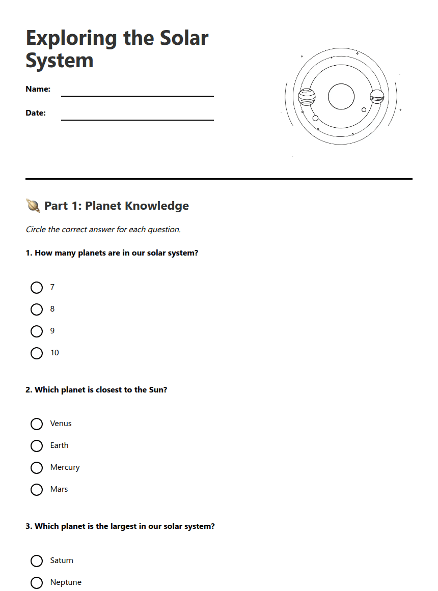 A real generated Kuraplan worksheet showing the worksheet title, student name and date lines, image, and questions.