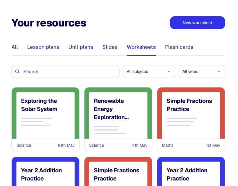 The Kuraplan resources page showing saved worksheet cards, search, and filters.